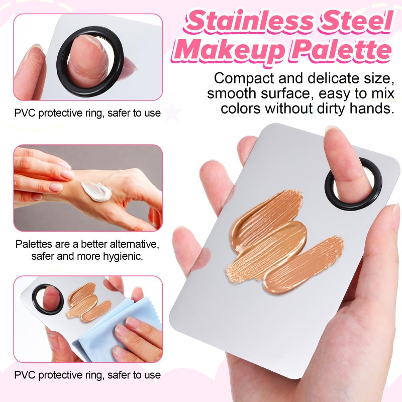 DOPENSPI Makeup Mixing Palette with 2PCS Flat Foundation Brush and Spatula and Powder Puff, Stainless Steel Makeup Palette Tray Cosmetic Palettes with Spatula Tool for Liquid Powder Cream - Image 3